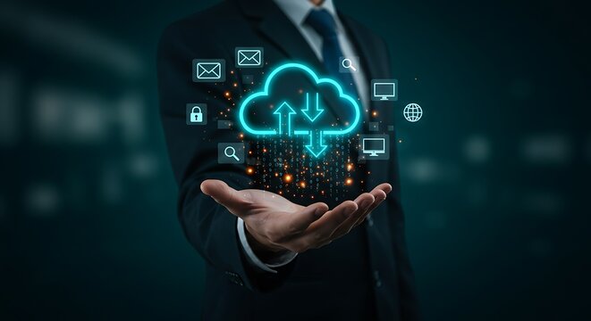 Businessman presenting cloud computing technology with data upload, download, and secure internet connection icons for digital storage solutions