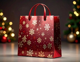 Festive red shopping bag with snowflake pattern