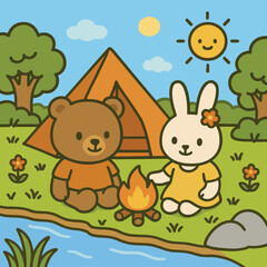 Naklejka premium Cute Friends Enjoy Camping Adventure in Nature