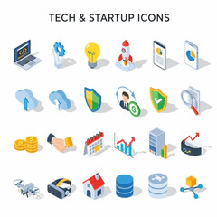 set of isometric flat vector tech and startup icons