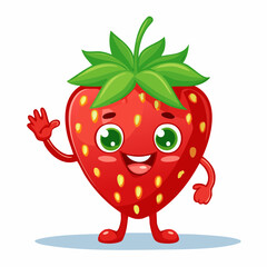 Friendly Strawberry Cartoon: A vibrant, animated strawberry character waves hello with a cheerful expression and inviting gestures. The illustration exudes a playful, cheerful vibe.