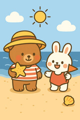 Naklejka premium Cute Bear and Bunny Enjoying a Sunny Beach Day