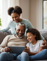 Elderly Black man with gray beard and teenage granddaughter laugh together on a sofa while watching a tablet in a cozy, sunlit modern home, sharing a joyful intergenerational moment.