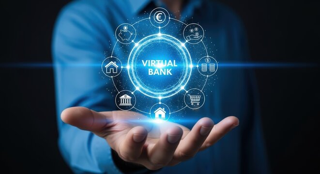 Virtual Banking Technology Concept: Man Holding a Digital Interface Displaying Financial Services and Online Transactions - Powered by Adobe