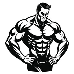 Powerful Bodybuilder Illustration Strength and Physique Depicted in Black and White Vector Graphic Fitness and Healthy Lifestyle Emblem of Muscularity