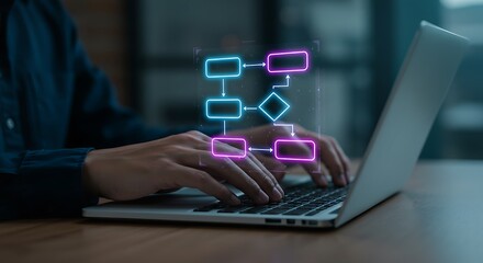 Person typing on laptop with glowing digital flowchart diagram, representing data analysis, process automation, and workflow optimization in technology