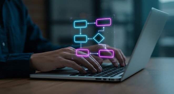 Person typing on laptop with glowing digital flowchart diagram, representing data analysis, process automation, and workflow optimization in technology
