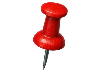 Vibrant red push pin anchoring paper, marking important notes against clean transparent backdrop, classic office organizing tool