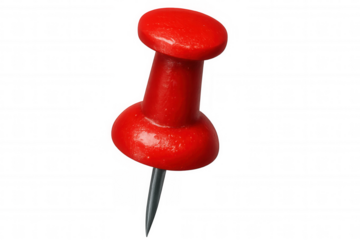 Vibrant red push pin anchoring paper, marking important notes against clean transparent backdrop, classic office organizing tool