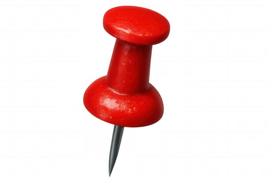 Vibrant red push pin anchoring paper, marking important notes against clean transparent backdrop, classic office organizing tool