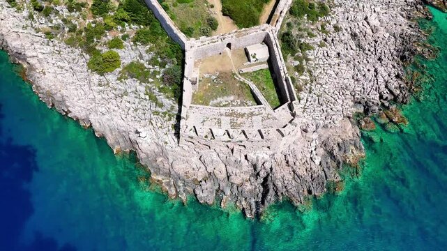 Aerial 4k view of the historic Niokastro fortress in Pylos, Messinia, Greece