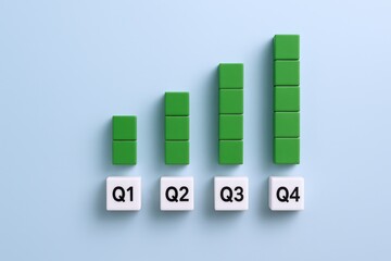 Quarterly Growth Illustration: Green Blocks Depicting Increasing Business Performance and Financial Success on Blue Background