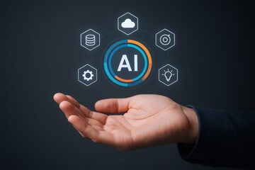 Fototapeta premium Artificial Intelligence Concept: Hand Presenting AI Circle with Cloud, Database, Goal, Gear, and Lightbulb Icons