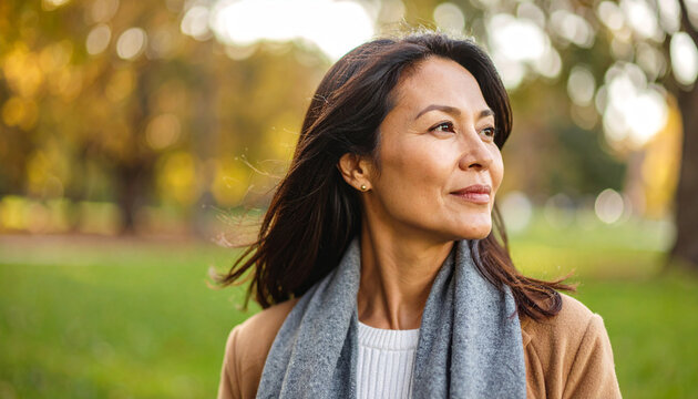 Serene Contemplation in Autumn's Embrace: An elegant woman, wrapped in a soft scarf, gazes pensively into the distance, embodying the tranquility of autumn.