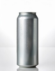 Obraz premium Minimalist mockup of a silver aluminum can with condensation droplets, set against a clean, white reflective background. Generated image