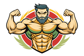 Illustrative Bodybuilder Flexing with Intense Expression and Stylized Emblem Celebrating Strength and Fitness Artistically Portrayed in Dynamic Fashion