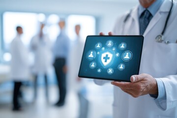 Doctor holding tablet with health protection graphic