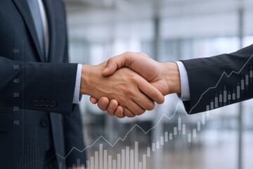 Business Professionals Concluding a Successful Deal with a Firm Handshake, Graphically Overlayed for Market Growth Visualization