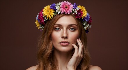 Naklejka premium Young woman with flower crown touching her face on brown background 