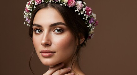 Naklejka premium Young woman with flower crown posing against brown background 