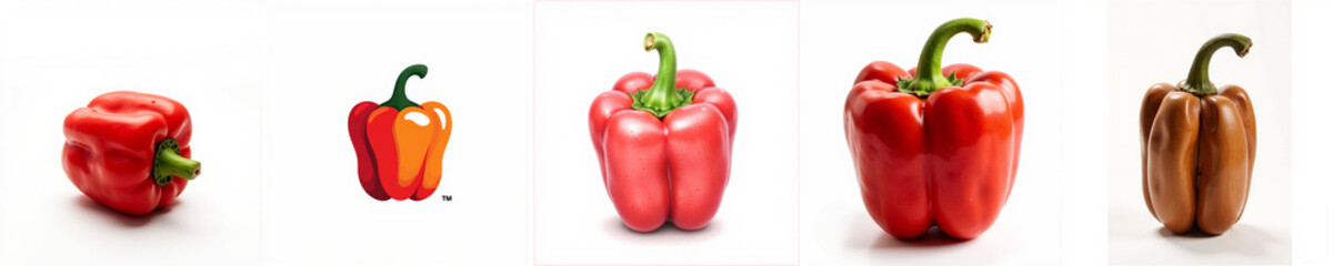 Bell peppers in various colors and stages of ripeness on a white background  