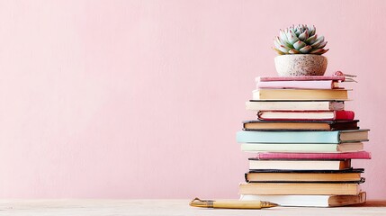 A carefully arranged stack of vintage books and journals, topped with a small succulent in a textured pot, evokes a sense of quiet contemplation and intellectual curiosity against a soft pink