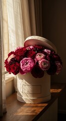 Box of colorful roses in natural light on wooden table  