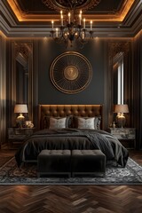 Luxury Bedroom Interior Design with Dark Walls and Elegant Lighting