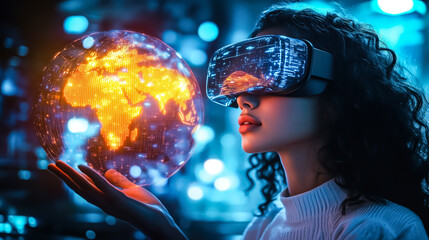 A woman wearing VR glasses interacts with a holographic globe. The concept of virtual reality, global connectivity, and futuristic business innovation. Generative AI.