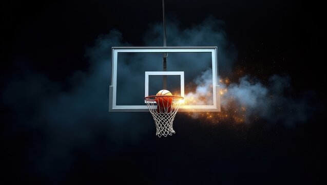 Basketball hoop with fiery net and smoky background - Powered by Adobe