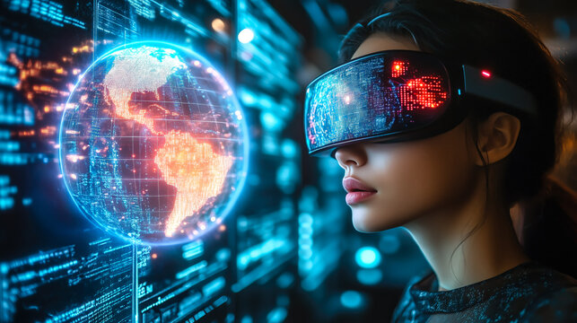 A woman wearing VR glasses interacts with a holographic globe. The concept of virtual reality, global connectivity, and futuristic business innovation. Generative AI.
