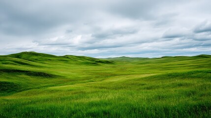 Obraz premium Lush Green Prairie Landscape with Rolling Hills Under a Cloudy Sky, Serene Natural Environment