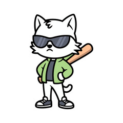 Cool cartoon cat wearing sunglasses and holding a baseball bat isolated on transparent background