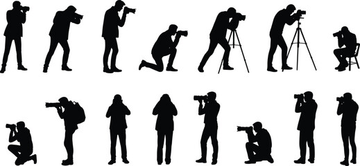 Photographers, silhouette, camera, tripod, kneeling, standing, sitting, vector, black, action, pose, photography
