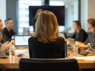 A photo from behind the team, showing their perspective. A female executive is at the head of the table, her back to the camera, commanding the attention of her team as they analyze data.