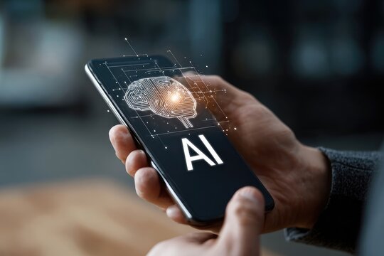 Close-up of hands holding a smartphone with an AI graphic overlay. A brain graphic and the word "AI" are projected onto the phone's screen - Powered by Adobe