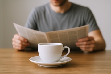 Man Reading Newspaper with Coffee Cup on Wooden Table in Bright, Minimalist Setting