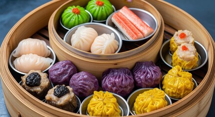 Assorted Dim Sum Delights: A Colorful and Delicious Collection of Asian Cuisine in a Bamboo Steamer
