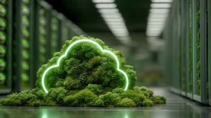 Green Computing Concept: Moss Cloud with Neon Outline in Data Center, Sustainable IT Infrastructure