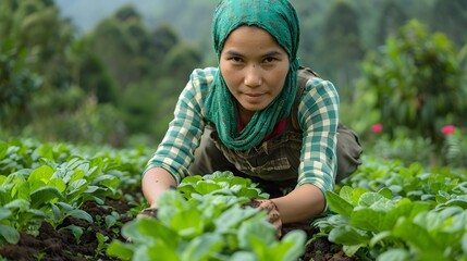 Focused farmer tending lush green crops in vibrant agricultural field