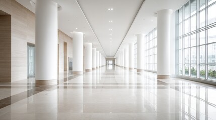 Fototapeta premium Bright Modern Lobby Interior with White Columns and Large Windows Providing Natural Light