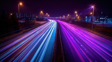 Obraz premium City Highway at Night with Long Exposure Light Trails and Urban Infrastructure