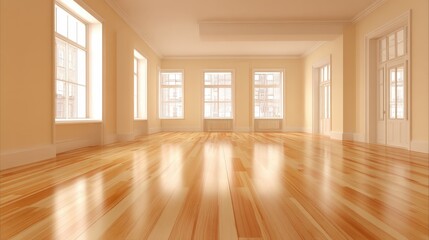 Obraz premium Bright and Airy Empty Room with Polished Hardwood Flooring, Natural Light and Neutral Walls
