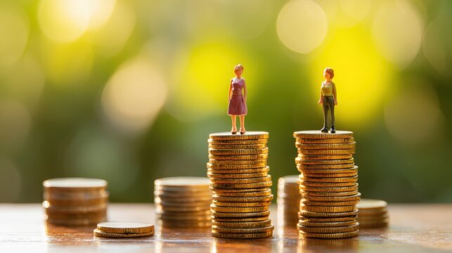 Gender Pay Gap Concept: Miniature Figures on Coin Stacks Symbolizing Wage Inequality