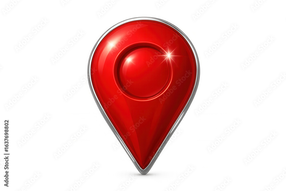 Poster metallic red map pin highlighting geographical position, gleaming surface marking precise location a