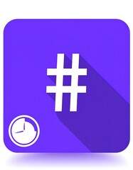 Fototapeta premium Purple square icon with hashtag and clock