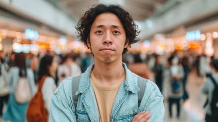 Fototapeta premium Frustrated man looking annoyed at Narita airport while surrounded by busy travelers during peak travel hours