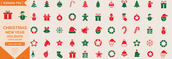 Red and green icon set of Christmas on transparent background