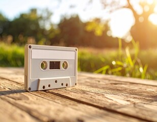 Retro audio cassette tape on a wooden surface in the warm glow of a summer sunset