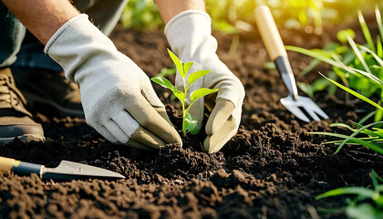Hands Planting a Seedling in Garden Soil